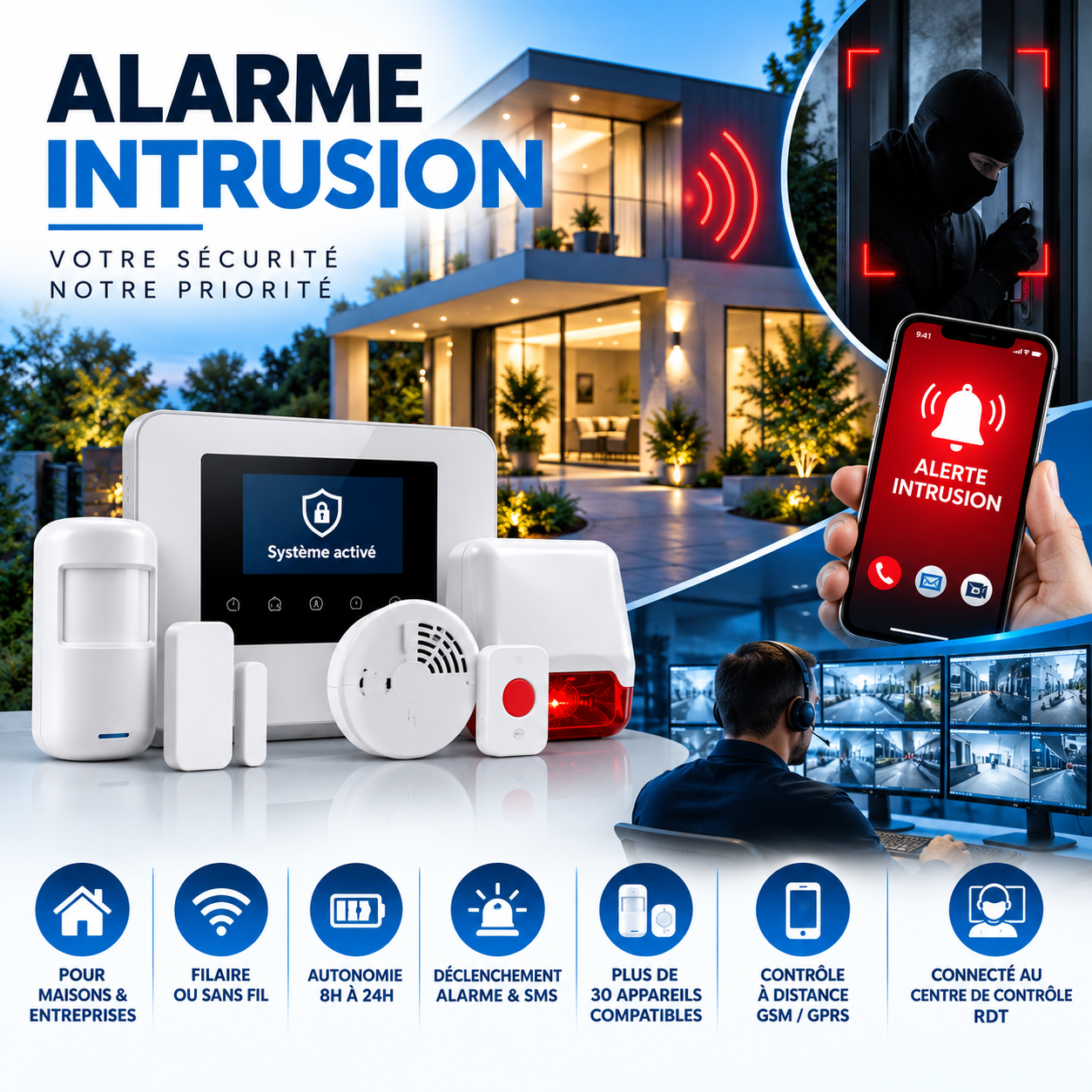 Solution d’alarme intrusion complète pour maisons et entreprises avec surveillance RDT
